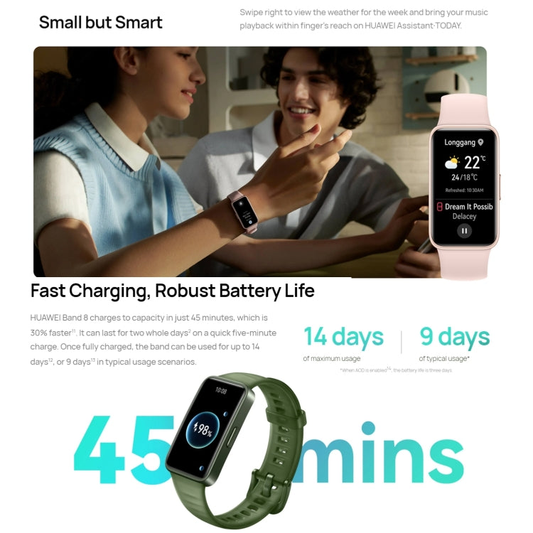 ساعة هواوي باند 8 NFC الذكية AMOLED مقاس 1.47 بوصة، تدعم معدل ضربات القلب / ضغط الدم / أكسجين الدم / مراقبة النوم، هواوي باند 8 NFC