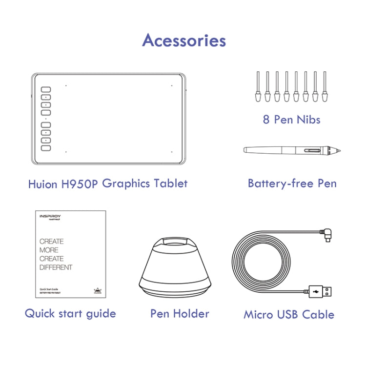 HUION Inspiroy Series H950P 5080LPI لوح رسم رسومي احترافي USB لنظامي التشغيل Windows / Mac OS، مع قلم بدون بطارية