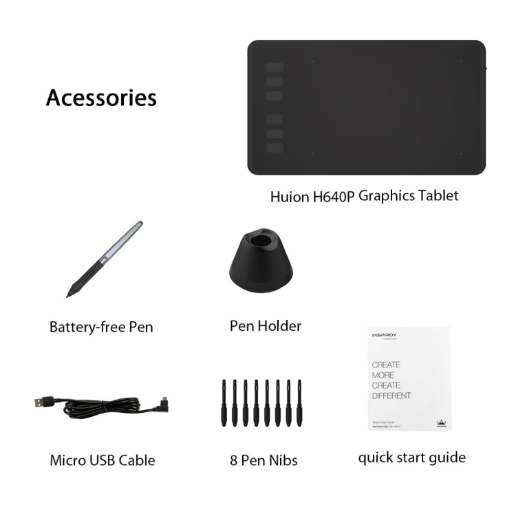 HUION Inspiroy Series H640P 5080LPI لوح رسم رسومي احترافي USB لنظامي التشغيل Windows / Mac OS، مع قلم بدون بطارية
