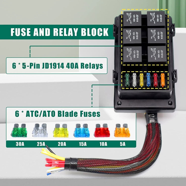 12V 5 Pin Car 6 Slots Waterproof Relay Fuse Box with Cable, 12V 5 Pin
