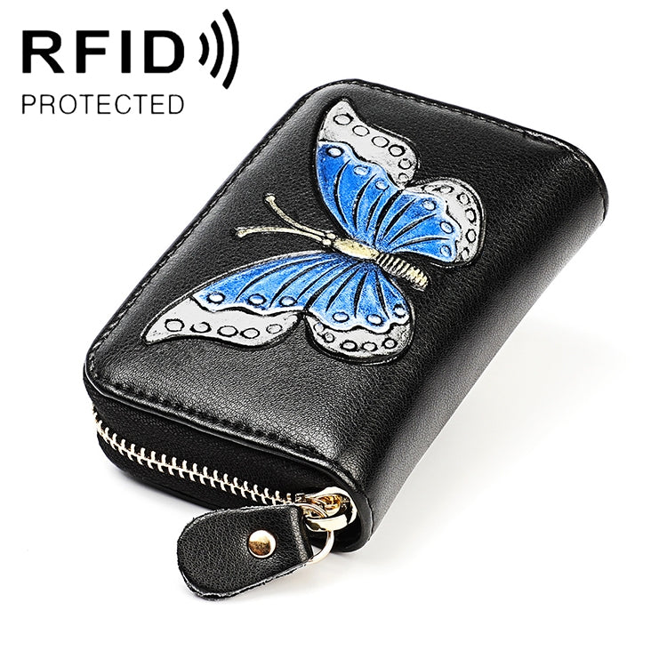KB152 Butterfly Pattern Zipper Cowhide Leather Organ Shape Multiple Card Slots Anti-magnetic RFID Wallet for Ladies, KB152 Colour, KB152 Blue, KB152 Purple, KB152 Silver