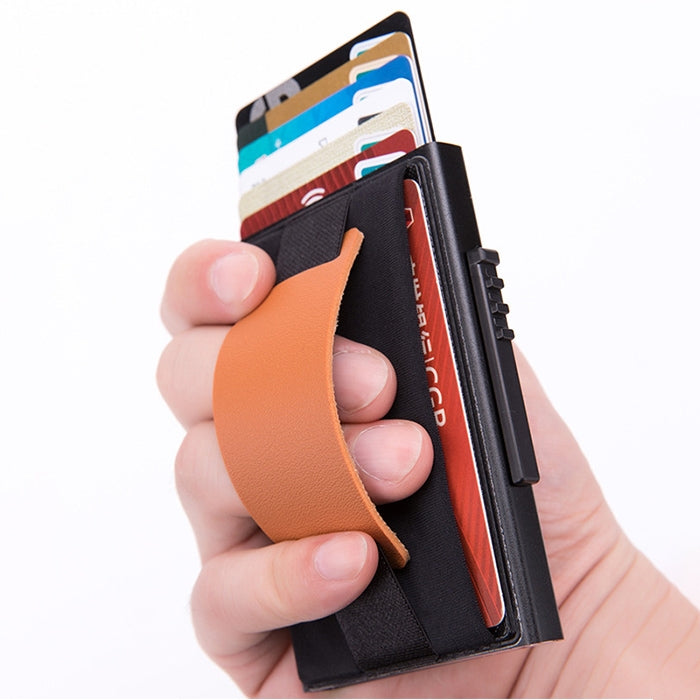 X-32C Automatically Pop-up Card Type Anti-magnetic RFID Anti-theft Men Aluminum Alloy A Dial Button Elastic Bag Wallet with PU Leather Strap, X-32C A Dial Button Silver, X-32C A Dial Button Black