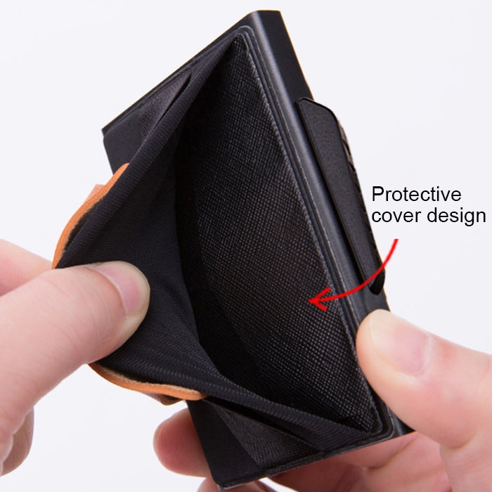 X-32C Automatically Pop-up Card Type Anti-magnetic RFID Anti-theft Men Aluminum Alloy B Dial Button Elastic Bag Wallet with PU Leather Strap, X-32C B Dial Button Black, X-32C B Dial Button Grey, X-32C B Dial Button Blue