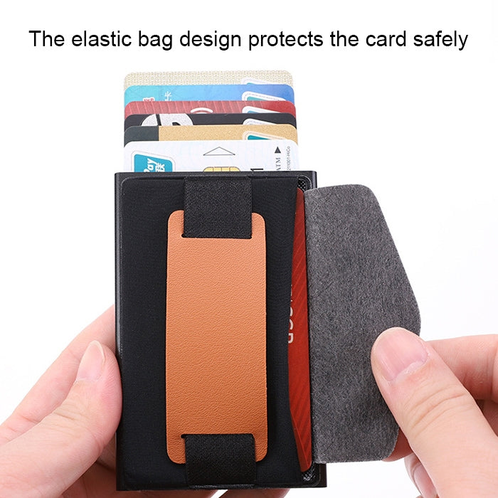 X-32C Automatically Pop-up Card Type Anti-magnetic RFID Anti-theft Men Aluminum Alloy B Dial Button Elastic Bag Wallet with PU Leather Strap, X-32C B Dial Button Black, X-32C B Dial Button Grey, X-32C B Dial Button Blue