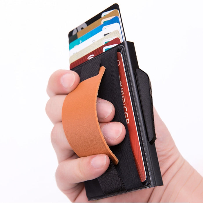 X-32C Automatically Pop-up Card Type Anti-magnetic RFID Anti-theft Men Aluminum Alloy B Dial Button Elastic Bag Wallet with PU Leather Strap, X-32C B Dial Button Black, X-32C B Dial Button Grey, X-32C B Dial Button Blue