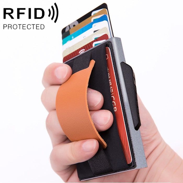X-32C Automatically Pop-up Card Type Anti-magnetic RFID Anti-theft Men Aluminum Alloy B Dial Button Elastic Bag Wallet with PU Leather Strap, X-32C B Dial Button Black, X-32C B Dial Button Grey, X-32C B Dial Button Blue