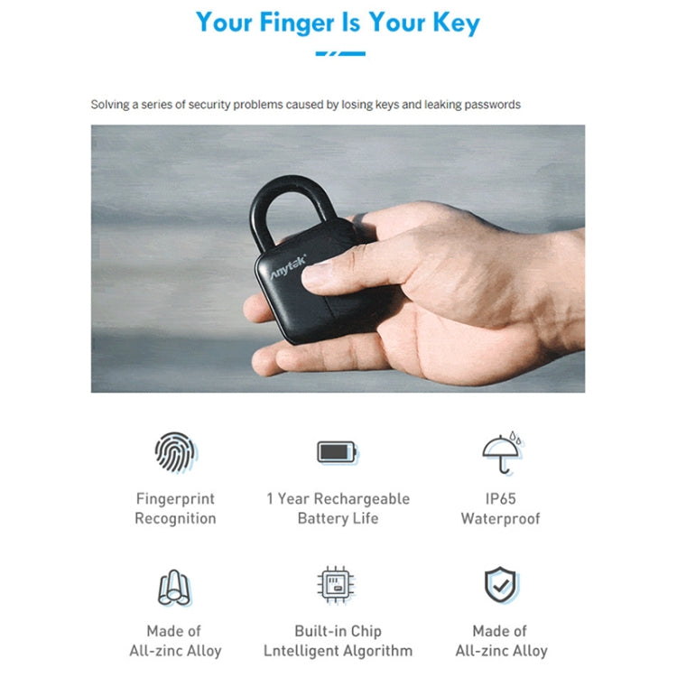 Anytek L3 Intelligent Hidden Fingerprint Padlock Electronic Lock, 10 Fingerprint Edition, Anytek L3