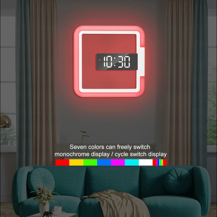 ساعة منبه رقمية TS-S28-W متعددة الوظائف، مزودة بمقياس حرارة مربع RGB، مزودة بمرآة LED، وساعة حائط مجوفة، وساعة بمقياس حرارة RGB