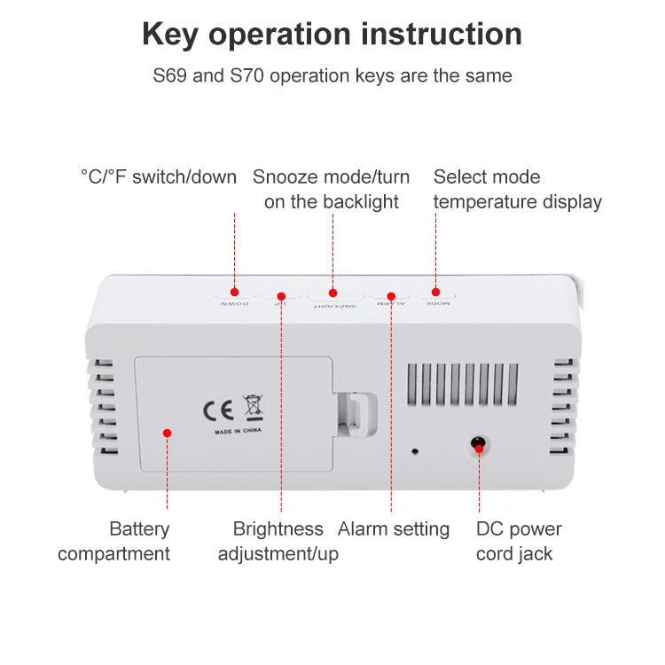TS-S69-R ساعة منبه LED متعددة الوظائف تعمل بالبطارية/الشحن بالقابس، ساعة مرآة مكياج ثنائية الاستخدام، TS-S69-G، TS-S69-HW