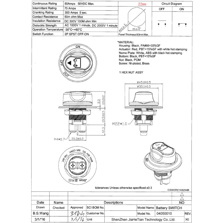 Jtron On/Off Car Battery Switch Car Battery Master Switch MAX DC 50V 50A CONT 75A INT Use for Cars / Off-road Vehicle / Truck, DC 50V 50A