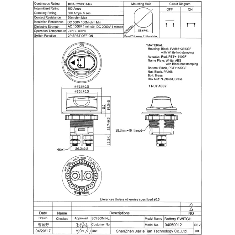 Jtron On/Off Car Battery Switch Car Battery Master Switch MAX DC 32V 100A CONT 150A INT Use for Cars / Off-road Vehicle / Truck, DC 32V 100A