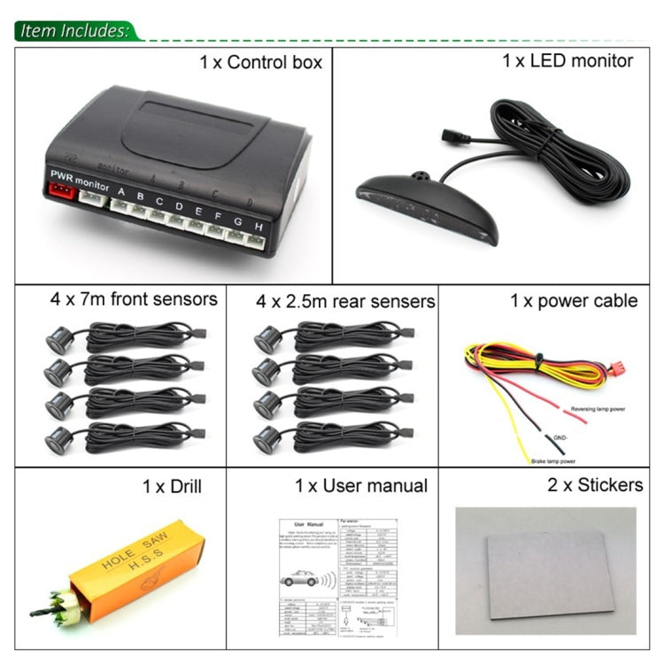 PZ-300-8 Car Parking Reversing Buzzer LED Monitor Parking Alarm Assistance System with 4*7m Front Sensors and 4*2.5m Rear Sensors, with 4 Front Sensors and 4 Rear Sensors