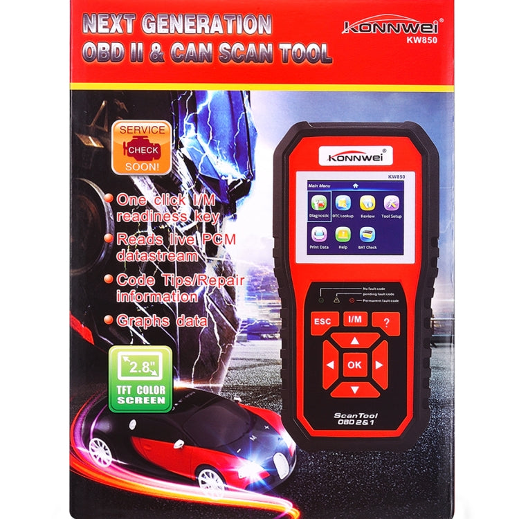 KONNWEI KW850 OBDII / CAN Car Auto Diagnostic Scan Tools Auto Scan Adapter Scan Tool Supports 8 Languages and 6 Protocols (Can Also Detect Battery and Voltage, Only Detect 12V Gasoline Car), KW850