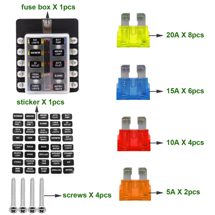 1 in 10 Out Fuse Box Screw Terminal Section Fuse Holder Kits with LED Warning Indicator for Auto Car Truck Boat, 1 in 10 Out (Screw Terminal Section)