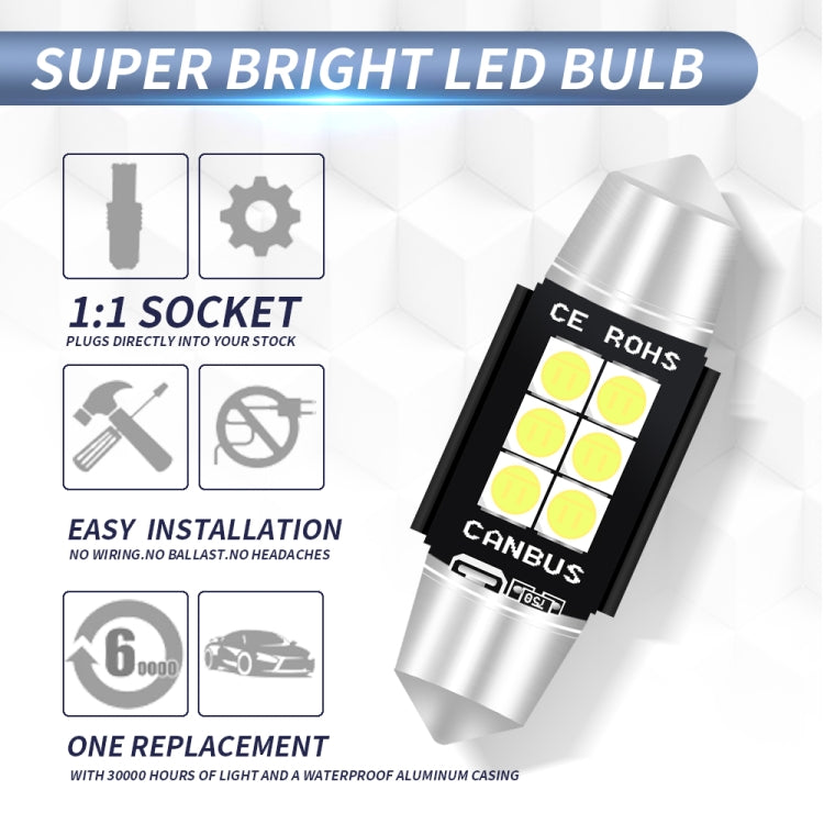 قطعتان 36 مم تيار مستمر 12 فولت - 24 فولت 3 وات 6000 كلفن 660 لومن 6 مصابيح LED SMD-3030 مصباح قراءة السيارة / ضوء لوحة الترخيص، 36 مم (3 وات)
