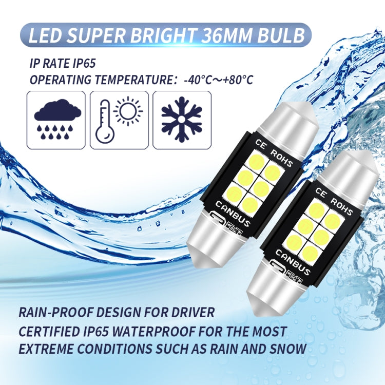 قطعتان 36 مم تيار مستمر 12 فولت - 24 فولت 3 وات 6000 كلفن 660 لومن 6 مصابيح LED SMD-3030 مصباح قراءة السيارة / ضوء لوحة الترخيص، 36 مم (3 وات)