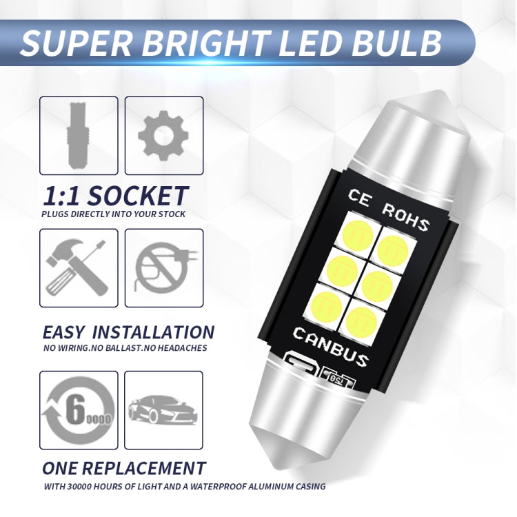 قطعتان 39 مم تيار مستمر 12 فولت - 24 فولت 3 وات 6000 كلفن 660 لومن 6 مصابيح LED SMD-3030 مصباح قراءة السيارة / ضوء لوحة الترخيص، 39 مم (3 وات)