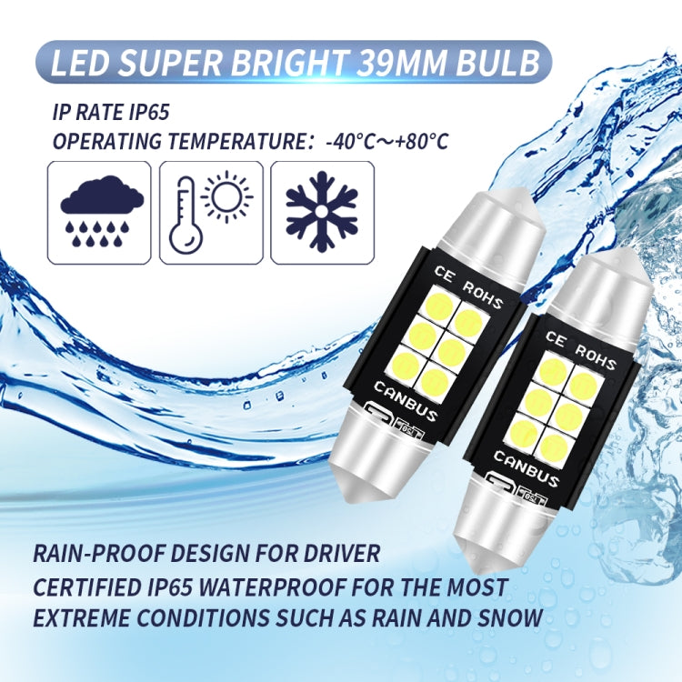 قطعتان 39 مم تيار مستمر 12 فولت - 24 فولت 3 وات 6000 كلفن 660 لومن 6 مصابيح LED SMD-3030 مصباح قراءة السيارة / ضوء لوحة الترخيص، 39 مم (3 وات)