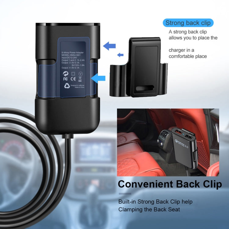شاحن سيارة HMQ-C801، 1.8 متر، 8 أمبير، بحد أقصى 4 منافذ USB، مع موزع USB ممتد لشحن المقاعد الأمامية والخلفية، HMQ-C801