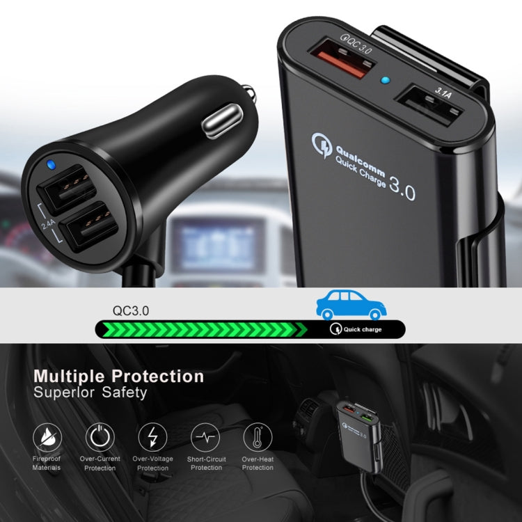 شاحن سيارة HMQ-C801، 1.8 متر، 8 أمبير، بحد أقصى 4 منافذ USB، مع موزع USB ممتد لشحن المقاعد الأمامية والخلفية، HMQ-C801