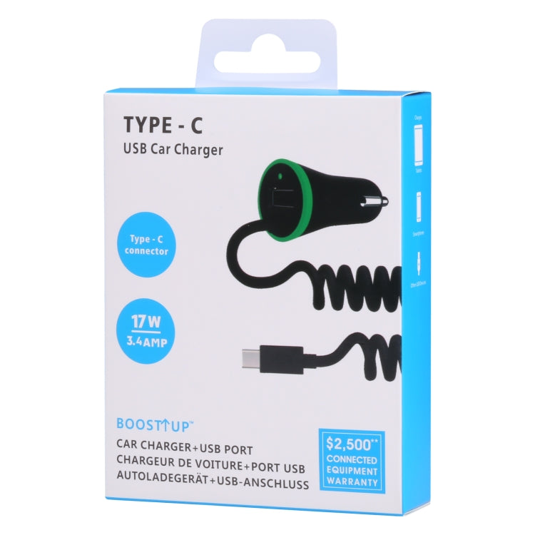 شاحن سيارة صغير USB بقوة 17 وات و3.4 أمبير مع كابل زنبركي USB-C / Type-C، USB-C / Type-C