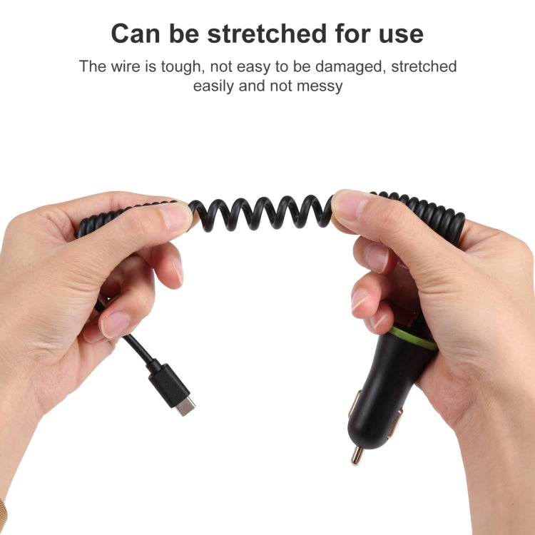 شاحن سيارة صغير USB بقوة 17 وات و3.4 أمبير مع كابل زنبركي USB-C / Type-C، USB-C / Type-C