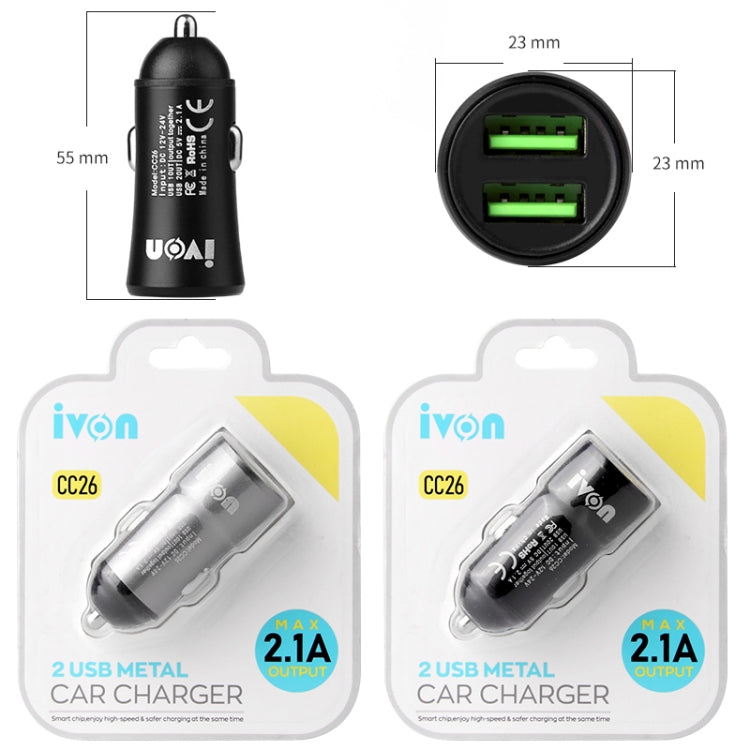 شاحن سيارة صغير IVON CC26 بمنفذي USB 5 فولت و2.1 أمبير، أسود CC26، رمادي CC26