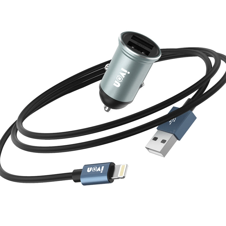 IVON CC37 شاحن سيارة صغير بمنفذي USB مزدوجين بقوة 15 وات و3.1 أمبير + مجموعة كابل بيانات شحن سريع USB إلى 8 دبابيس بطول 1 متر، 8 دبابيس