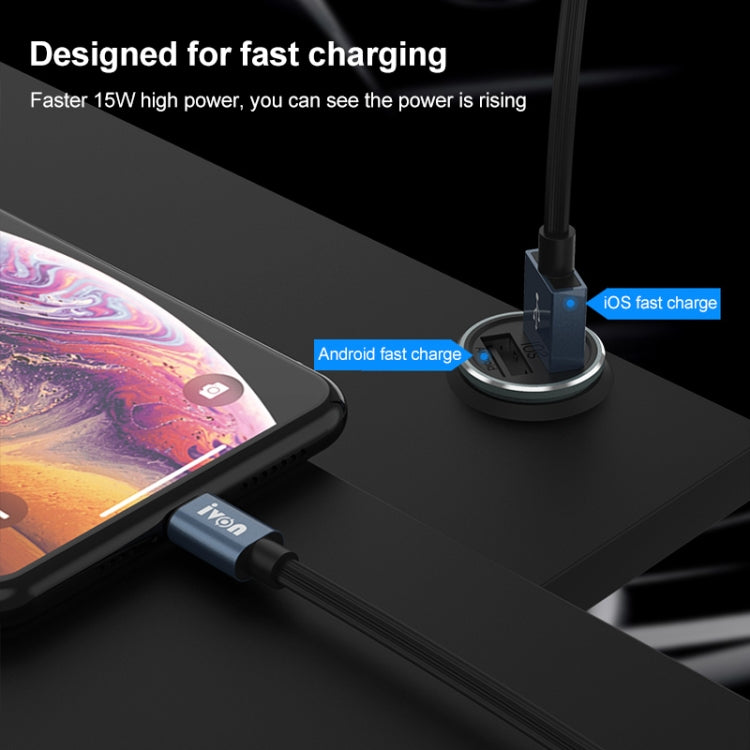 IVON CC37 شاحن سيارة صغير بمنفذي USB مزدوجين بقوة 15 وات و3.1 أمبير + مجموعة كابل بيانات شحن سريع USB إلى 8 دبابيس بطول 1 متر، 8 دبابيس