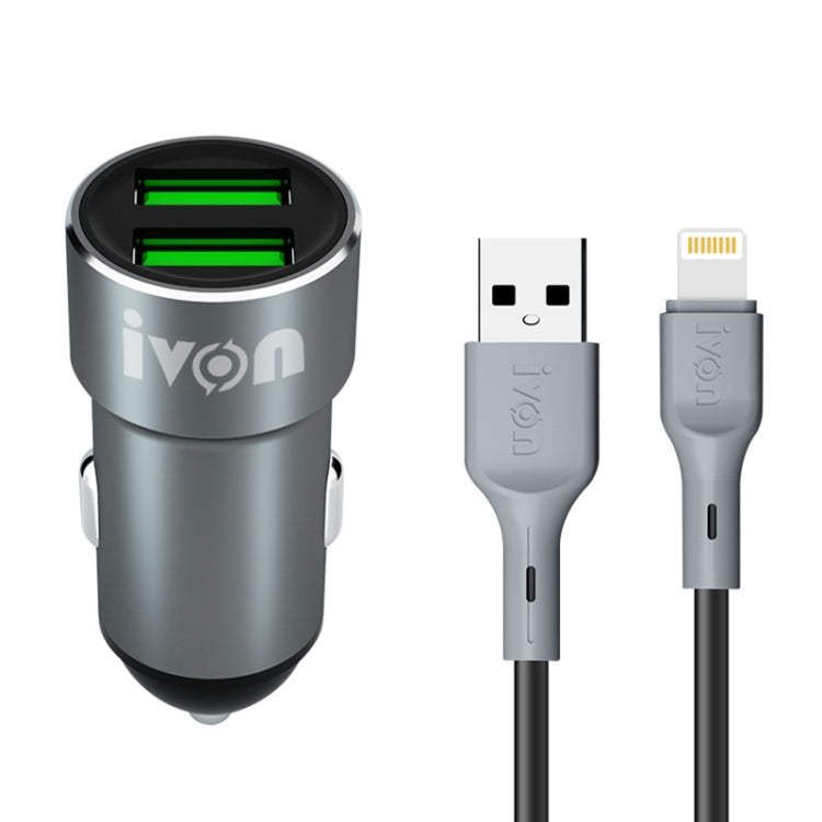 شاحن سيارة IVON CC38 ثنائي USB بقوة 2.4 أمبير + مجموعة كابل بيانات USB إلى 8 دبابيس للشحن السريع بطول 1 متر، 8 دبابيس