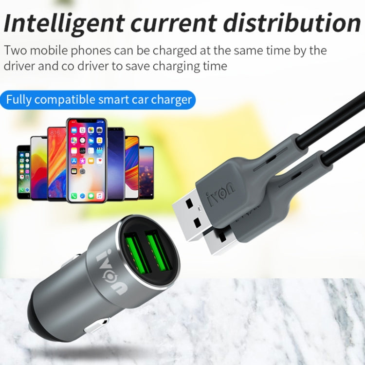 شاحن سيارة IVON CC38 ثنائي USB بقوة 2.4 أمبير + مجموعة كابل بيانات USB إلى 8 دبابيس للشحن السريع بطول 1 متر، 8 دبابيس