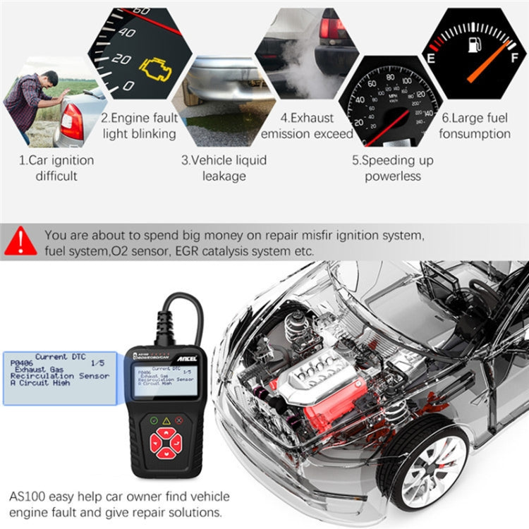 جهاز كشف أعطال السيارات Ancel AS100 OBDII، ضوء عطل المحرك شفاف، AS100