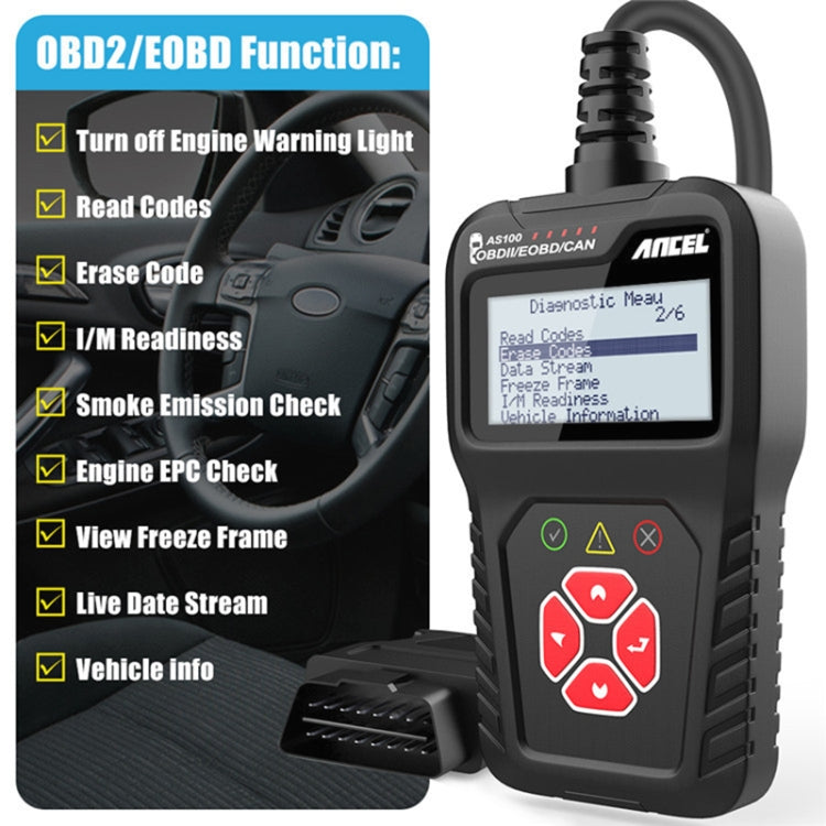 جهاز كشف أعطال السيارات Ancel AS100 OBDII، ضوء عطل المحرك شفاف، AS100