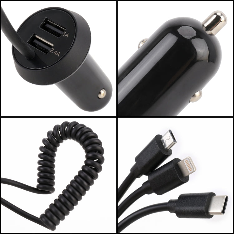 شاحن سيارة عالمي 3 في 1 سريع الشحن بمنفذين USB، محول طاقة، طول الكابل: 55 سم، × 3