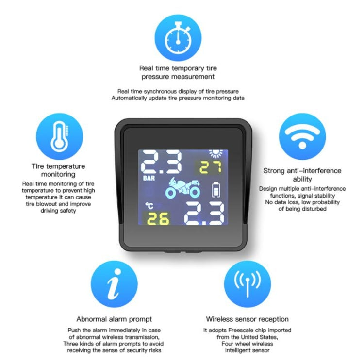 Universal Motorcycle Wireless High Precision Solar Energy TPMS Tire Pressure Alarm System External Tire Monitor, Motorcycle External Tire Monitor