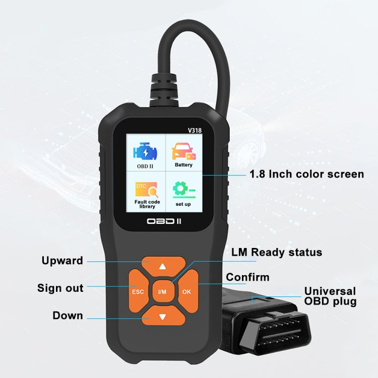 أداة تشخيص شاشة السيارة الملونة OBD2 V318، قارئ أكواد، V318