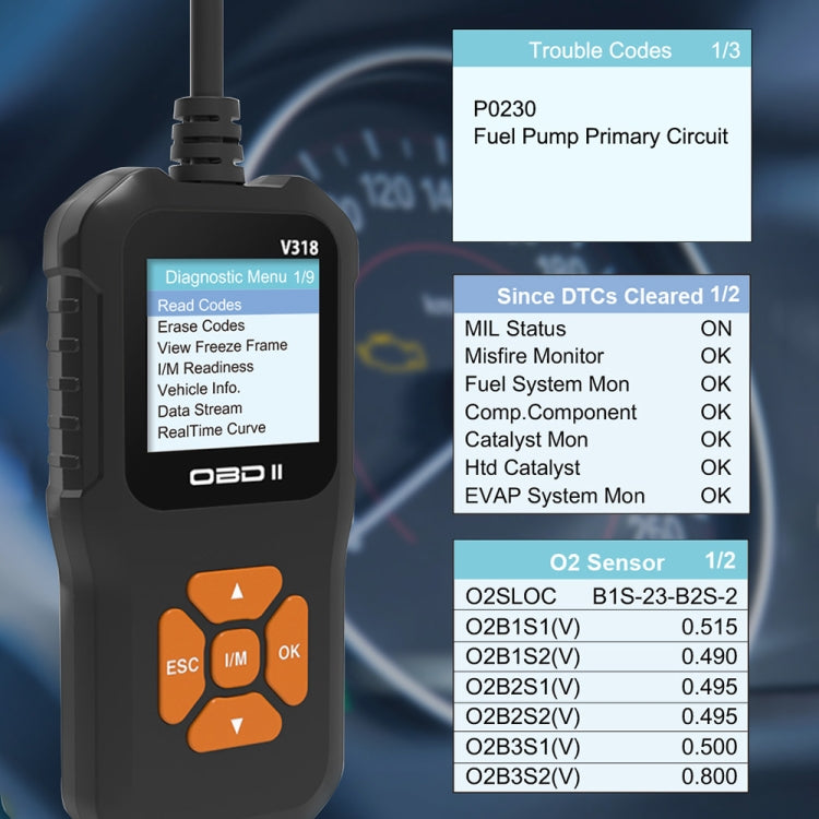 أداة تشخيص شاشة السيارة الملونة OBD2 V318، قارئ أكواد، V318