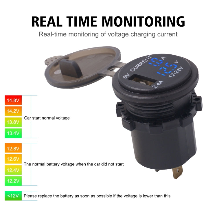 Universal Car Single Port USB Charger Power Outlet Adapter 2.4A 5V IP66 with LED Digital Voltmeter + Ammeter + 60cm Cable, 2.4A Voltmeter + Ammeter + 60cm Cable (Blue Light), 2.4A Voltmeter + Ammeter + 60cm Cable (Red Light)