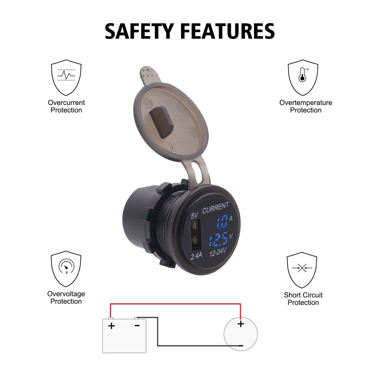 Universal Car Single Port USB Charger Power Outlet Adapter 2.4A 5V IP66 with LED Digital Voltmeter + Ammeter + 60cm Cable, 2.4A Voltmeter + Ammeter + 60cm Cable (Blue Light), 2.4A Voltmeter + Ammeter + 60cm Cable (Red Light)