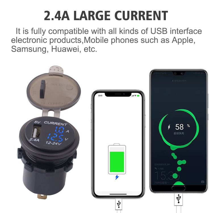 Universal Car Single Port USB Charger Power Outlet Adapter 2.4A 5V IP66 with LED Digital Voltmeter + Ammeter + 60cm Cable, 2.4A Voltmeter + Ammeter + 60cm Cable (Blue Light), 2.4A Voltmeter + Ammeter + 60cm Cable (Red Light)