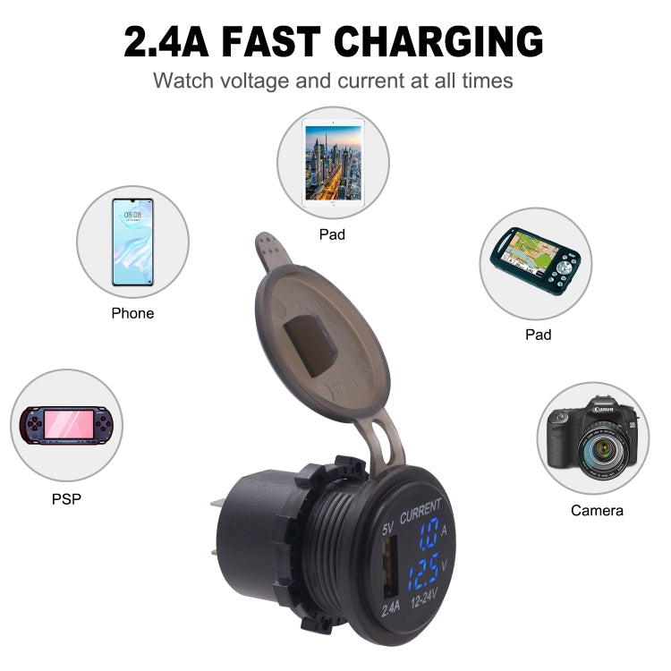 Universal Car Single Port USB Charger Power Outlet Adapter 2.4A 5V IP66 with LED Digital Voltmeter + Ammeter + 60cm Cable, 2.4A Voltmeter + Ammeter + 60cm Cable (Blue Light), 2.4A Voltmeter + Ammeter + 60cm Cable (Red Light)