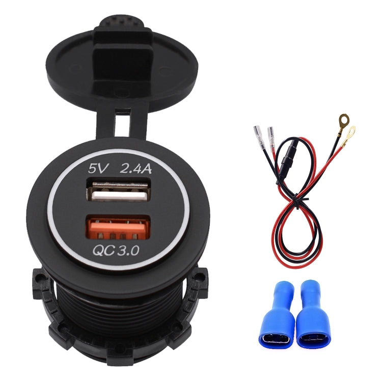 Universal Car QC3.0 Dual Port USB Charger Power Outlet Adapter 5V 2.4A IP66 with 60cm Cable, 2.4A + 60cm Cable(Blue Light), 2.4A + 60cm Cable (Green Light), 2.4A + 60cm Cable (Orange Light), 2.4A + 60cm Cable (Red Light), 2.4A + 60cm Cable (White Light)