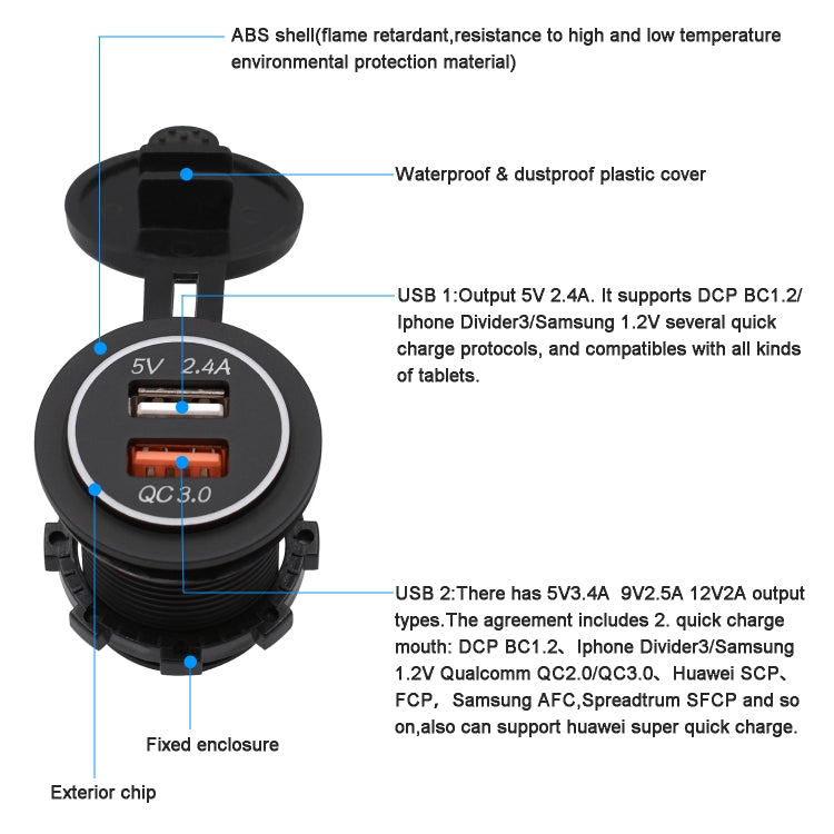 Universal Car QC3.0 Dual Port USB Charger Power Outlet Adapter 5V 2.4A IP66 with 60cm Cable, 2.4A + 60cm Cable(Blue Light), 2.4A + 60cm Cable (Green Light), 2.4A + 60cm Cable (Orange Light), 2.4A + 60cm Cable (Red Light), 2.4A + 60cm Cable (White Light)