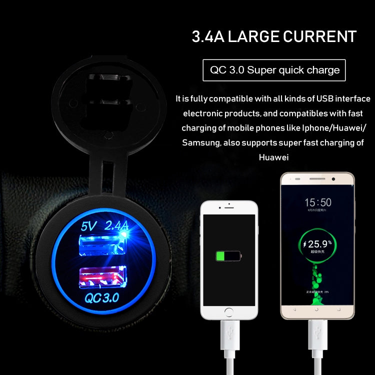 Universal Car QC3.0 Dual Port USB Charger Power Outlet Adapter 5V 2.4A IP66 with 60cm Cable, 2.4A + 60cm Cable(Blue Light), 2.4A + 60cm Cable (Green Light), 2.4A + 60cm Cable (Orange Light), 2.4A + 60cm Cable (Red Light), 2.4A + 60cm Cable (White Light)