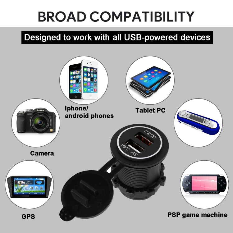 Universal Car QC3.0 Dual Port USB Charger Power Outlet Adapter 5V 2.4A IP66 with 60cm Cable, 2.4A + 60cm Cable(Blue Light), 2.4A + 60cm Cable (Green Light), 2.4A + 60cm Cable (Orange Light), 2.4A + 60cm Cable (Red Light), 2.4A + 60cm Cable (White Light)