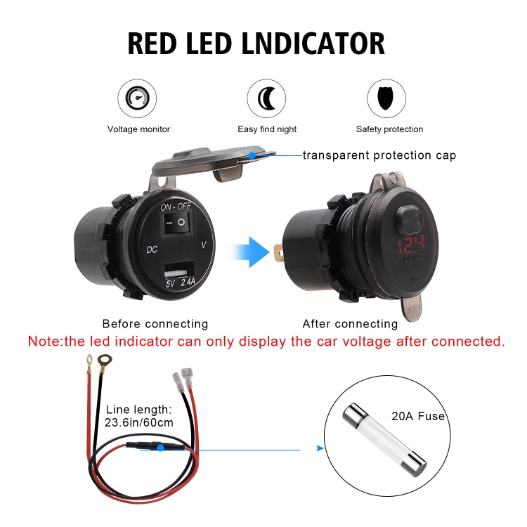 شاحن سيارة عالمي بمنفذ USB واحد، محول طاقة 2.4 أمبير 5 فولت IP66 مع فولتميتر رقمي LED + مفتاح + كابل 60 سم، 2.4 أمبير + مفتاح + كابل 60 سم (ضوء أحمر)
