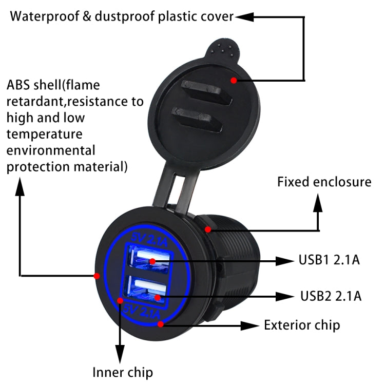 Universal Car Dual USB Charger Power Outlet Adapter 4.2A 5V IP66 with Aperture + 60cm Cable, 4.2A + 60cm Cable(Blue Light), 4.2A + 60cm Cable(Green Light), 4.2A + 60cm Cable(Orange Light), 4.2A + 60cm Cable(Red Light), 4.2A + 60cm Cable(White Light)