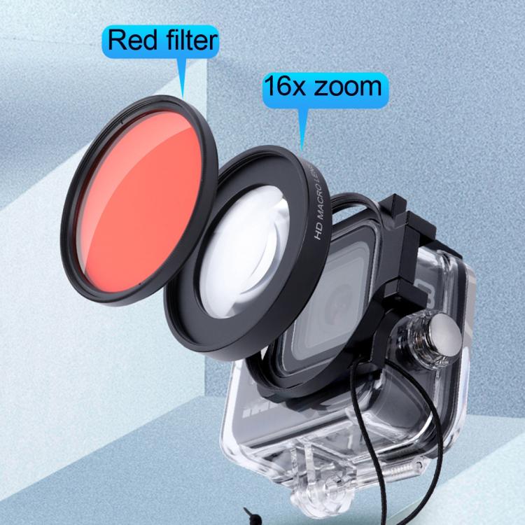 RUIGPRO for GoPro HERO8 58mm 16X Macro Lens + Red/Purple Diving Lens Filter + Dive Housing Waterproof Case Kits with Filter Adapter Ring & Lens Cap