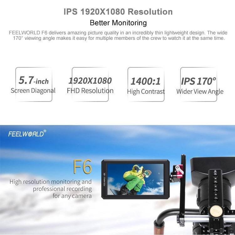 شاشة مراقبة ميدانية للكاميرا FEELWORLD F6 1920x1080 مقاس 5.5 بوصة IPS HDMI 4K، F6
