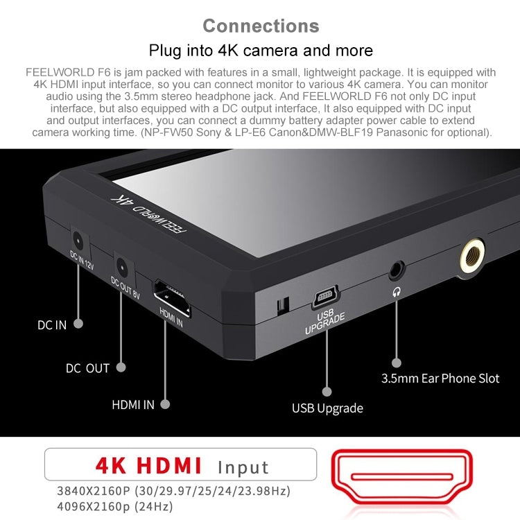 شاشة مراقبة ميدانية للكاميرا FEELWORLD F6 1920x1080 مقاس 5.5 بوصة IPS HDMI 4K، F6